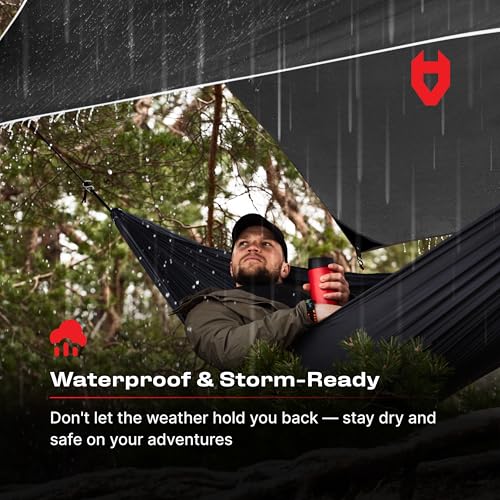 NoCry Rain Fly 12x10 Lightweight Survival Camping Tarp; 100% Waterproof; Makes a Great Backpacking Tarp or Hammock Shelter; Comes in Multiple Colors, Survival Bracelet Included; Black - Image 3