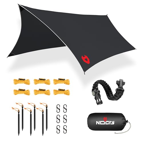 NoCry Rain Fly 12x10 Lightweight Survival Camping Tarp; 100% Waterproof; Makes a Great Backpacking Tarp or Hammock Shelter; Comes in Multiple Colors, Survival Bracelet Included; Black - Image 1