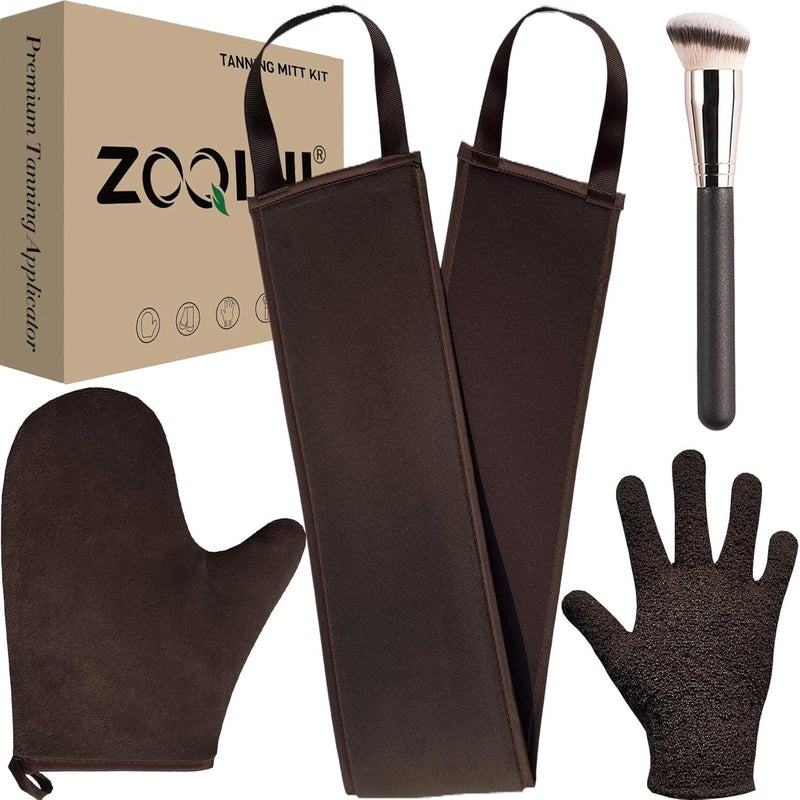 ZOQINI Self Tanning Mitt Kit Velvety Soft Tanner Mitt and Back Tanning Applicator Exfoliating Glove Angled Face Tanner Brush for Sunless Tanning Oil Lotion Mousse Gel 4 Pack Bronze Boxed