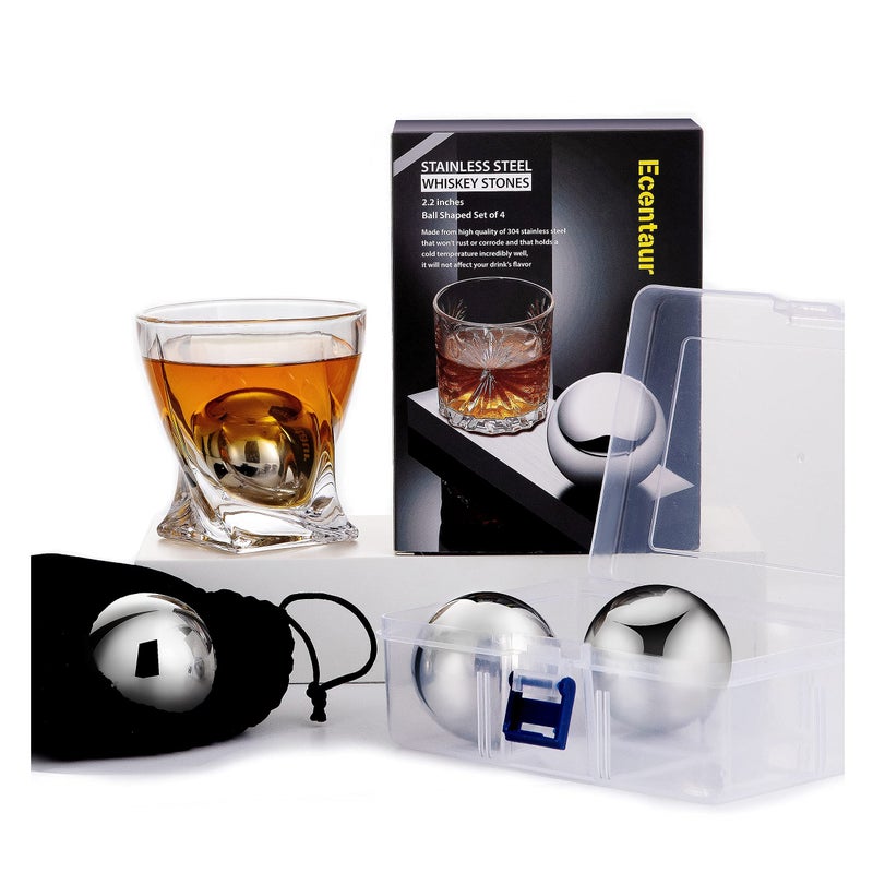 Ecentaur Large Whiskey Stones Stainless Steel Metal Ice Cube Reusable Balls 22 Gift Set for Men Chilling Drinks Set of 4