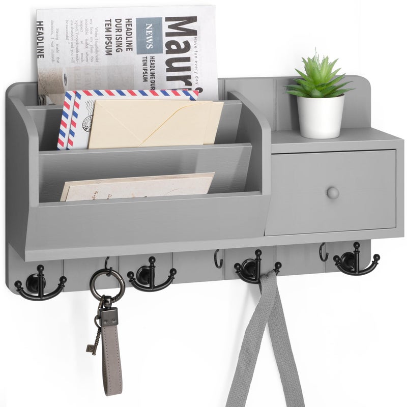 Rebee Vision Key Holder Wall Mount with Mail Sorter and Drawer Organizer Modern Mail Organizer Wall Mounted with Wall Hooks Home Organization for Apartment Essentials Light Gray - Image 2