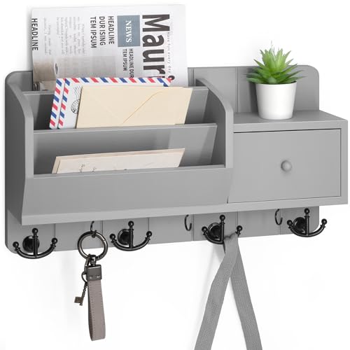 Rebee Vision Key Holder Wall Mount with Mail Sorter and Drawer Organizer Modern Mail Organizer Wall Mounted with Wall Hooks Home Organization for Apartment Essentials Light Gray - Image 1
