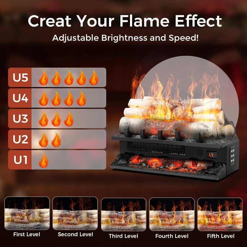 Electactic 21" Freestanding Electric Fireplace Log Set with Cracking Sound, Fireplace Insert Heater with 8H Timer, 750w/1500w, 5 Flame Brightness & 5 Flicker Speeds, Overheat Protection, Remote Control - Image 4