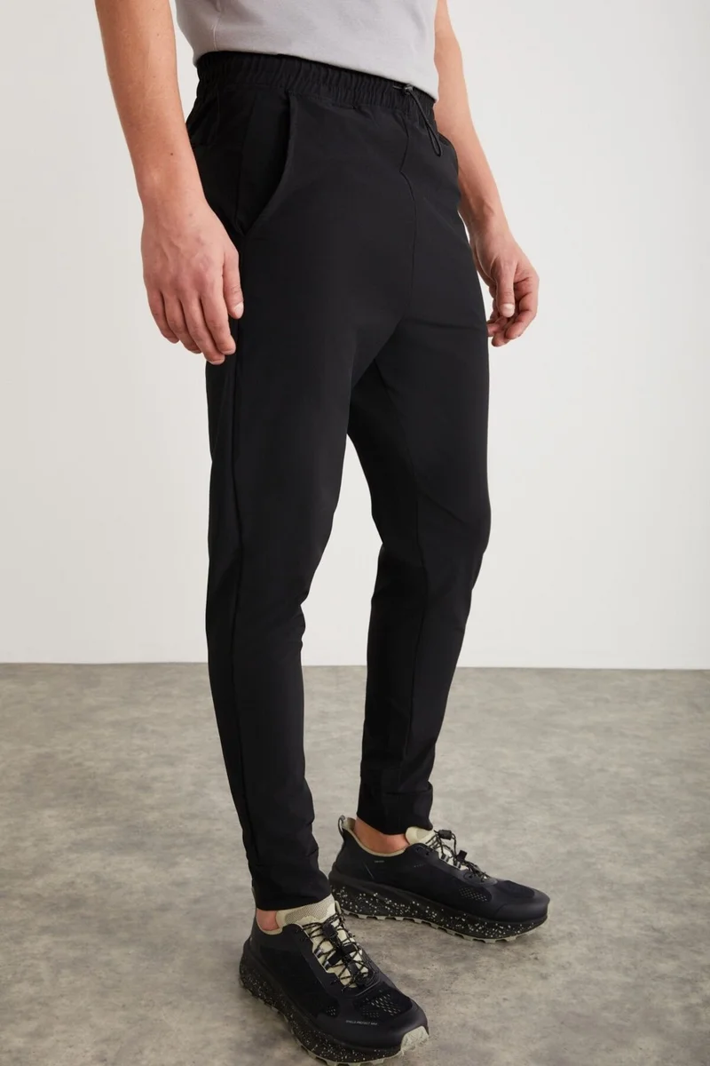 GRIMELANGE Crıstıan Men's Black Sweatpants with Elastic Waistband and Stopper Detailed Technical Fabric