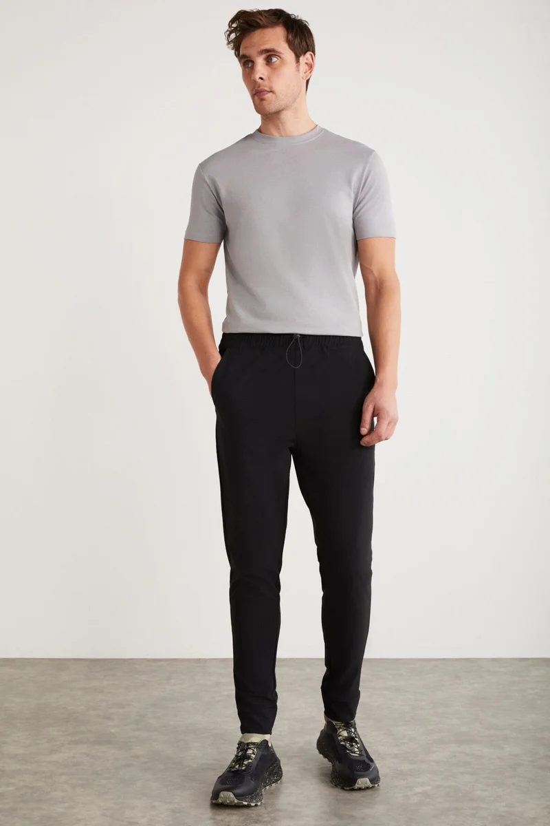 GRIMELANGE Crıstıan Men's Black Sweatpants with Elastic Waistband and Stopper Detailed Technical Fabric