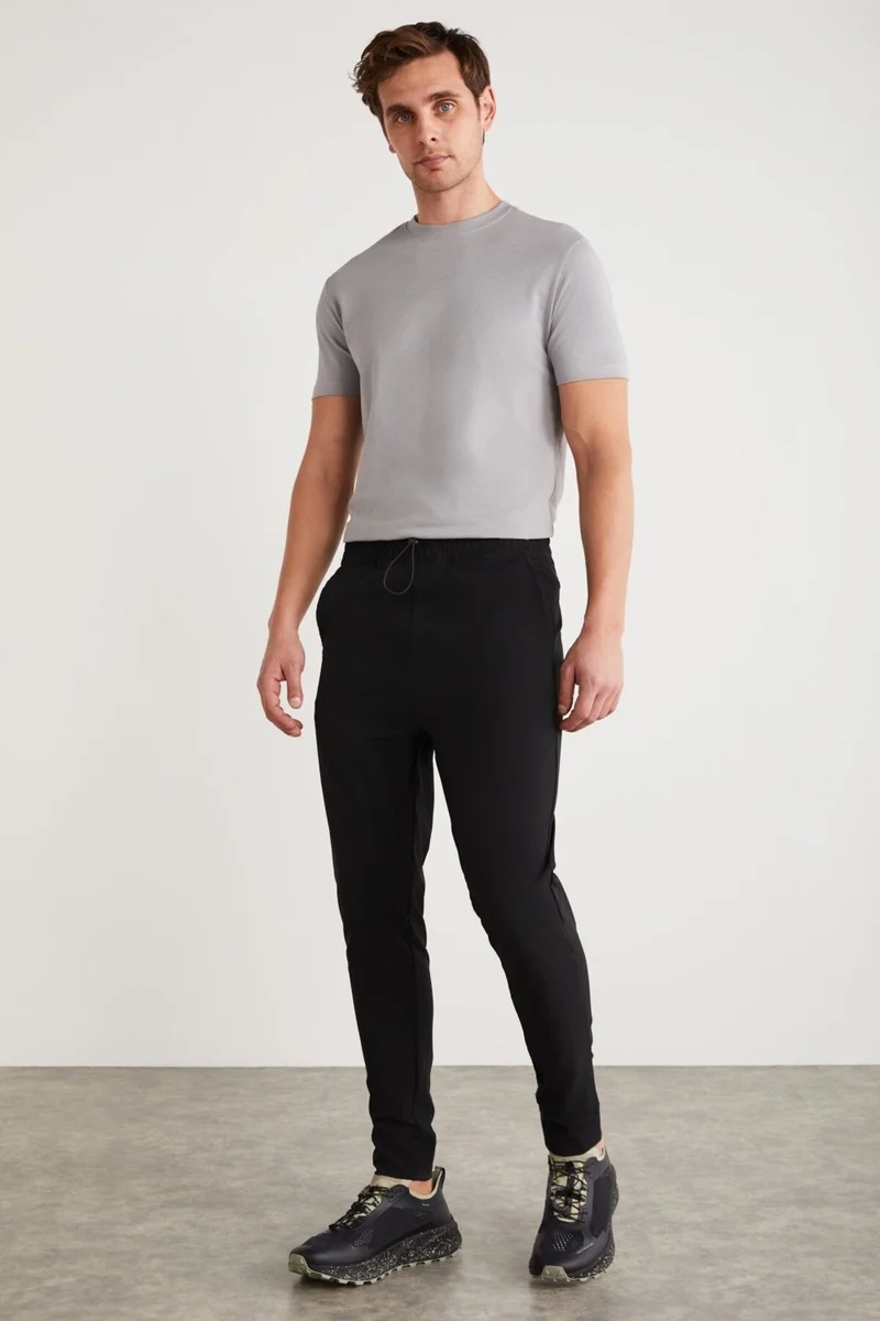 GRIMELANGE Crıstıan Men's Black Sweatpants with Elastic Waistband and Stopper Detailed Technical Fabric