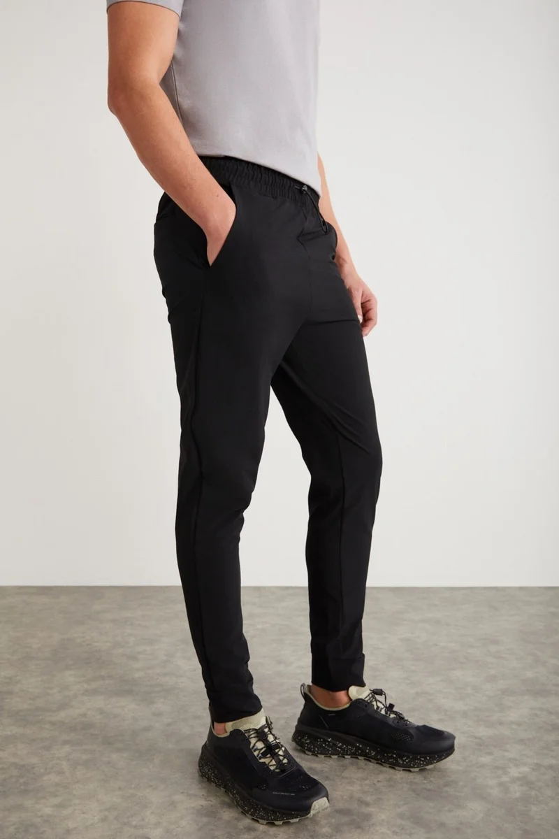 GRIMELANGE Crıstıan Men's Black Sweatpants with Elastic Waistband and Stopper Detailed Technical Fabric