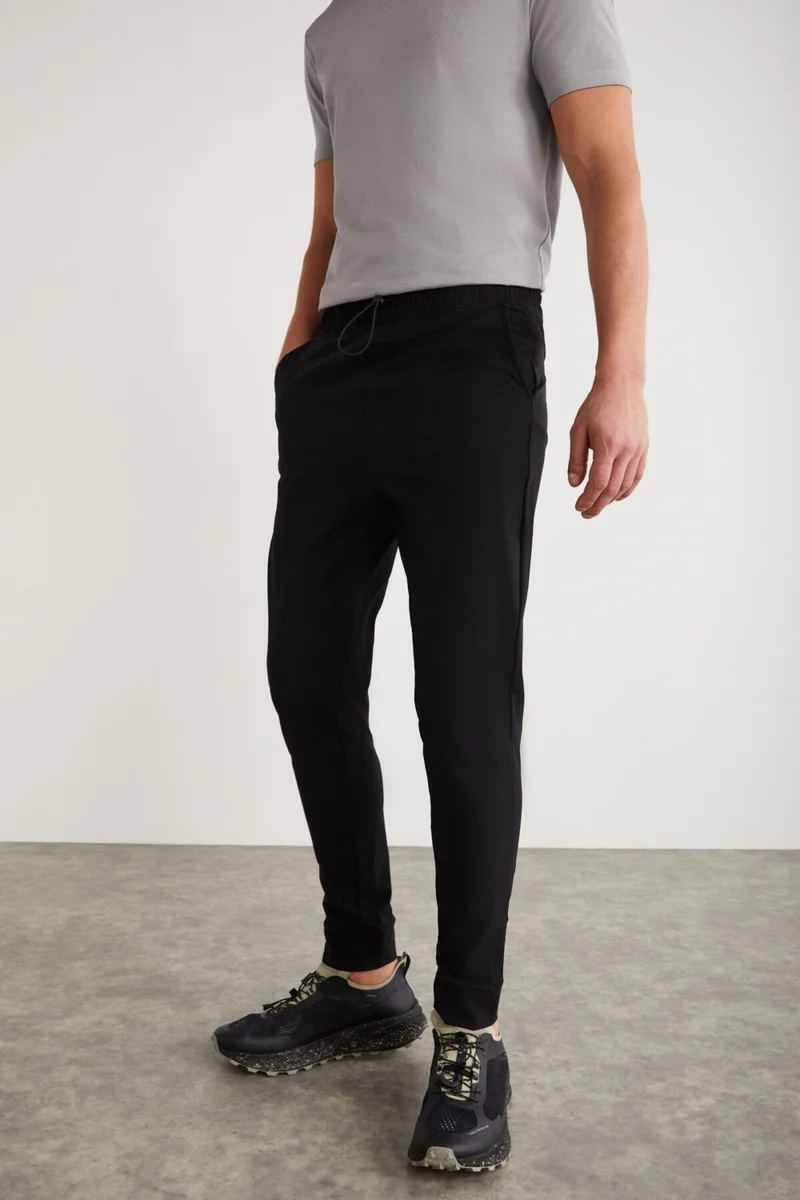 GRIMELANGE Crıstıan Men's Black Sweatpants with Elastic Waistband and Stopper Detailed Technical Fabric