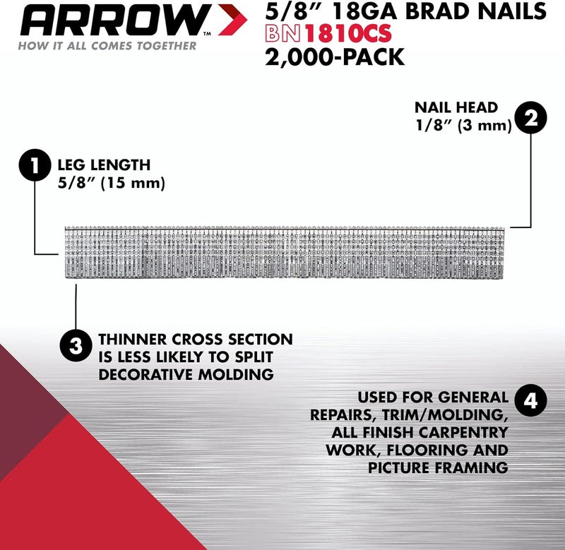 Arrow Fastener Arrow BN1810CS 18-Gauge Steel Brad Nails for Molding, Cabinets, Framing, Trim, and Finishing, Safe to Use with Electric or Battery Powered Nailers, Steel, 5/8 Inch, 1000 Count (Pack of 1) - Image 2