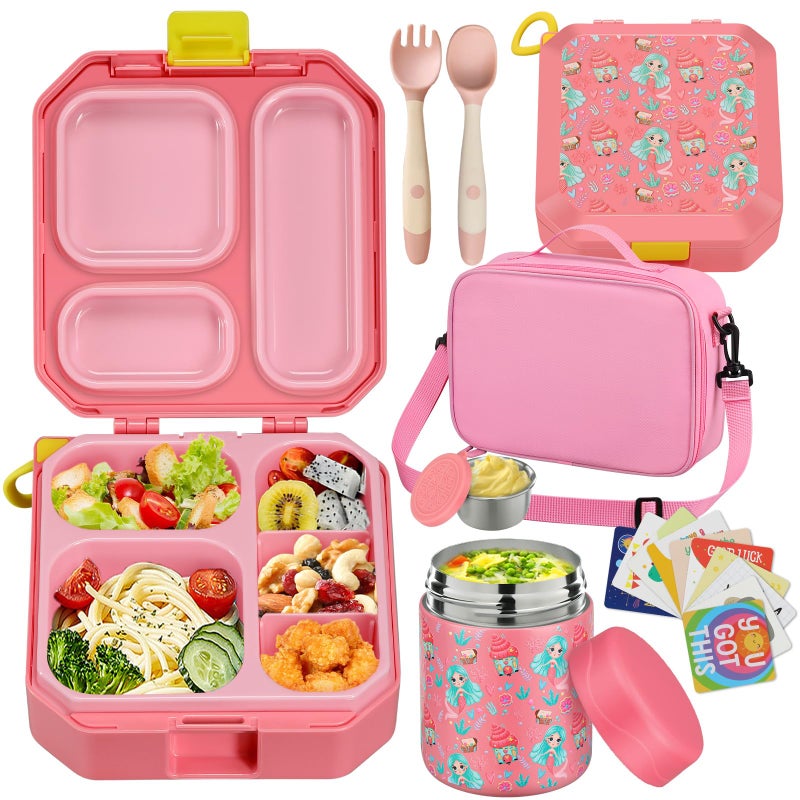 wiwens Bento Lunch Box for Kids with 12oz Soup Thermo Leak-Proof Lunch Food Container with 5 Compartment Thermo Hot Food Jar and Insulated Lunch Bag for Kid Toddler Girls Boys to School - Image 1