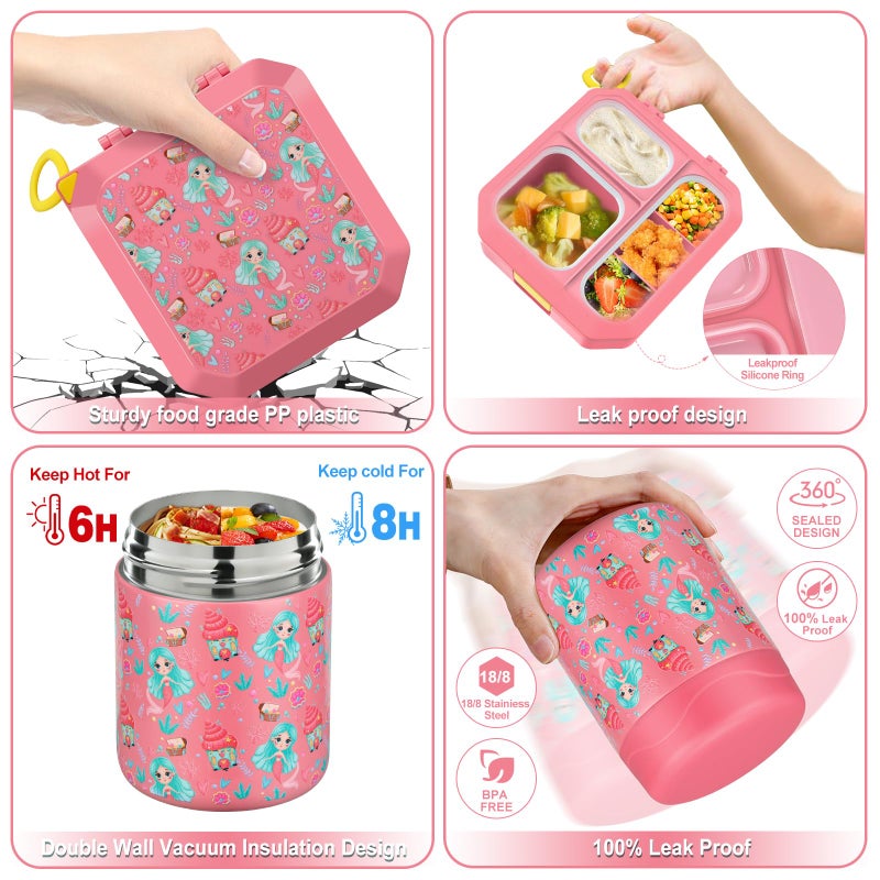 wiwens Bento Lunch Box for Kids with 12oz Soup Thermo Leak-Proof Lunch Food Container with 5 Compartment Thermo Hot Food Jar and Insulated Lunch Bag for Kid Toddler Girls Boys to School - Image 3