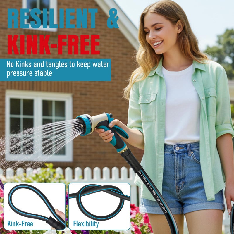 EOOIO Garden Hose 25 ft x 5/8" with Nozzle, Water Hose Heavy Duty Flexible, Lightweight Kink-less Hybrid Hose with Swivel Handle, Male to Female Fittings - Image 3