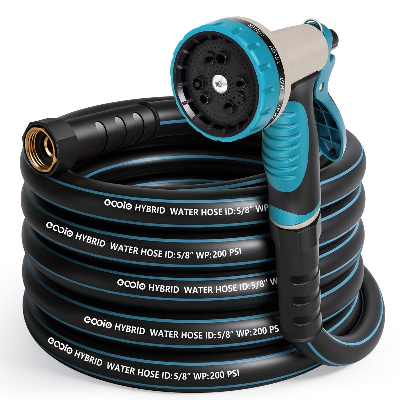 EOOIO Garden Hose 25 ft x 5/8" with Nozzle, Water Hose Heavy Duty Flexible, Lightweight Kink-less Hybrid Hose with Swivel Handle, Male to Female Fittings - Image 1