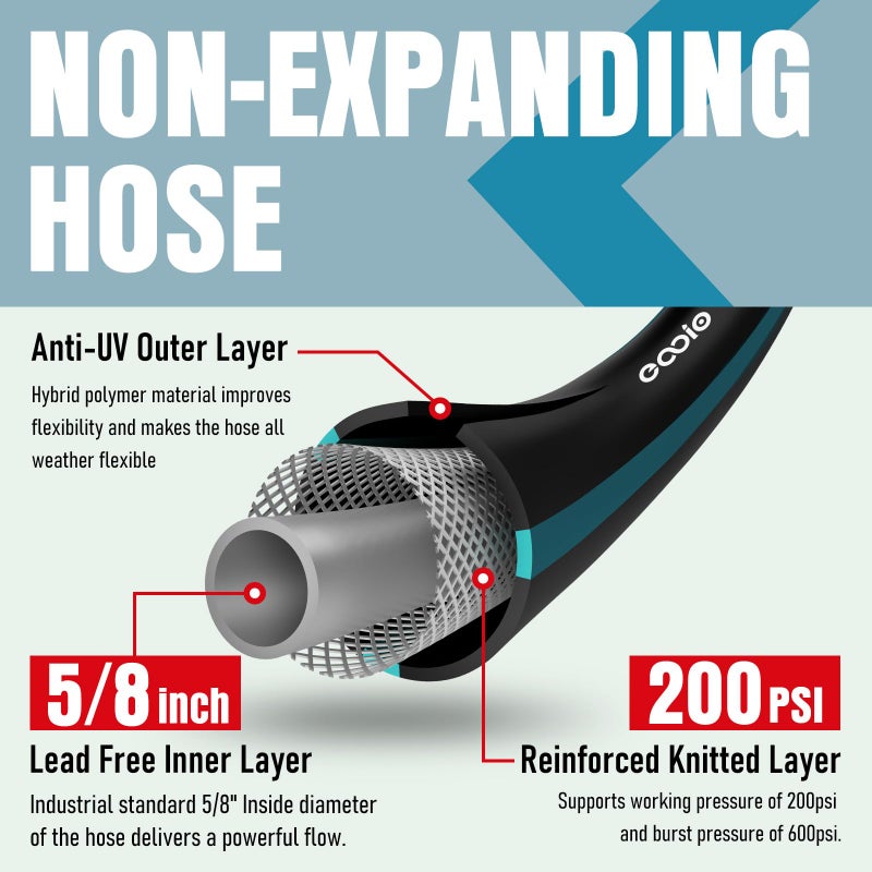 EOOIO Garden Hose 25 ft x 5/8" with Nozzle, Water Hose Heavy Duty Flexible, Lightweight Kink-less Hybrid Hose with Swivel Handle, Male to Female Fittings - Image 4