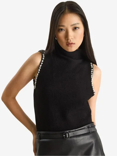 Bianco Lucci LUCCI Turtleneck Blouse with Pearl Detail
