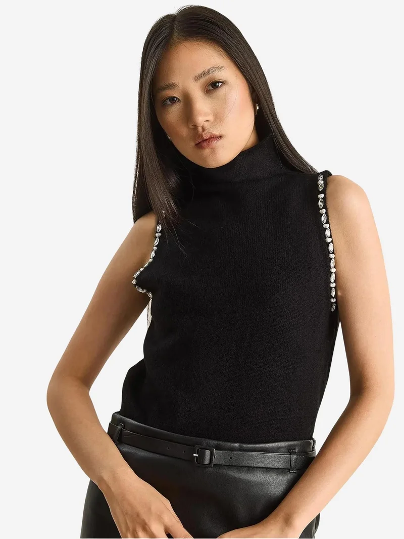 Bianco Lucci LUCCI Turtleneck Blouse with Pearl Detail