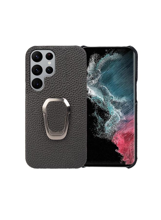 erorex Case For Samsung Galaxy S22 Ultra 5G Ring Holder Litchi Texture Genuine Leather Phone Case - Image 1