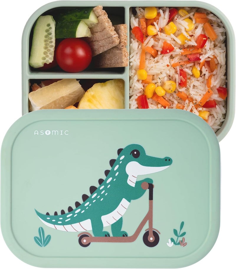 ASOMIC Silicone Bento Lunch Box for Toddlers & Kids, Leakproof & BPA-Free, 3 Compartments, Microwave & Dishwasher Safe, Ideal for Daycare, Preschool & Baby Meals (Crocodile) - Image 1
