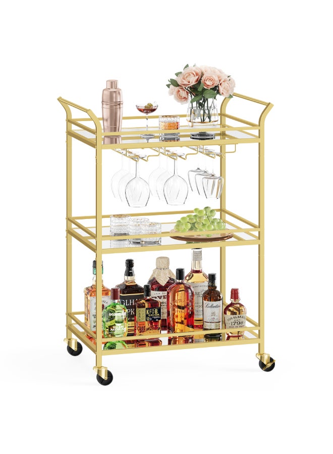 VASAGLE 3-Tier Drinks Trolley, Gold Bar Serving Trolley on Wheels, with Mirrored Glass Shelves, for Small Spaces, Kitchen, Dining Room, Living Room, Home Bar, 38 x 60 x 92 cm, Gold - Image 1