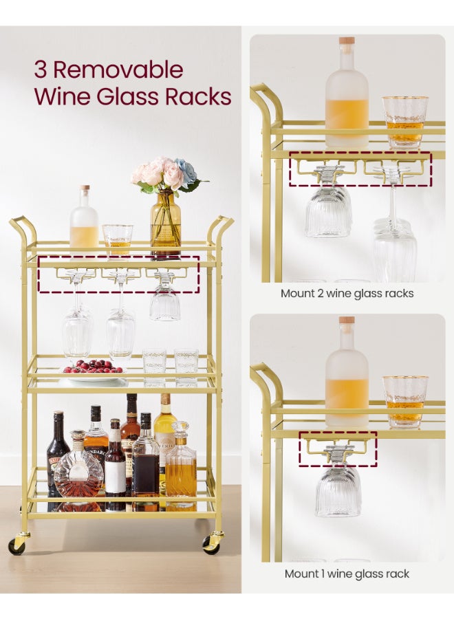 VASAGLE 3-Tier Drinks Trolley, Gold Bar Serving Trolley on Wheels, with Mirrored Glass Shelves, for Small Spaces, Kitchen, Dining Room, Living Room, Home Bar, 38 x 60 x 92 cm, Gold - Image 5