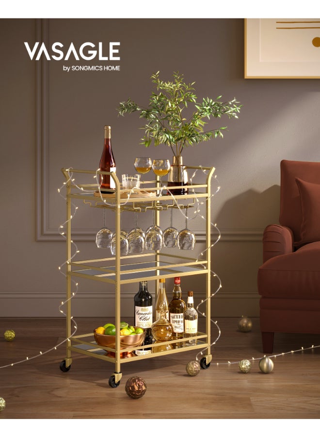 VASAGLE 3-Tier Drinks Trolley, Gold Bar Serving Trolley on Wheels, with Mirrored Glass Shelves, for Small Spaces, Kitchen, Dining Room, Living Room, Home Bar, 38 x 60 x 92 cm, Gold - Image 2