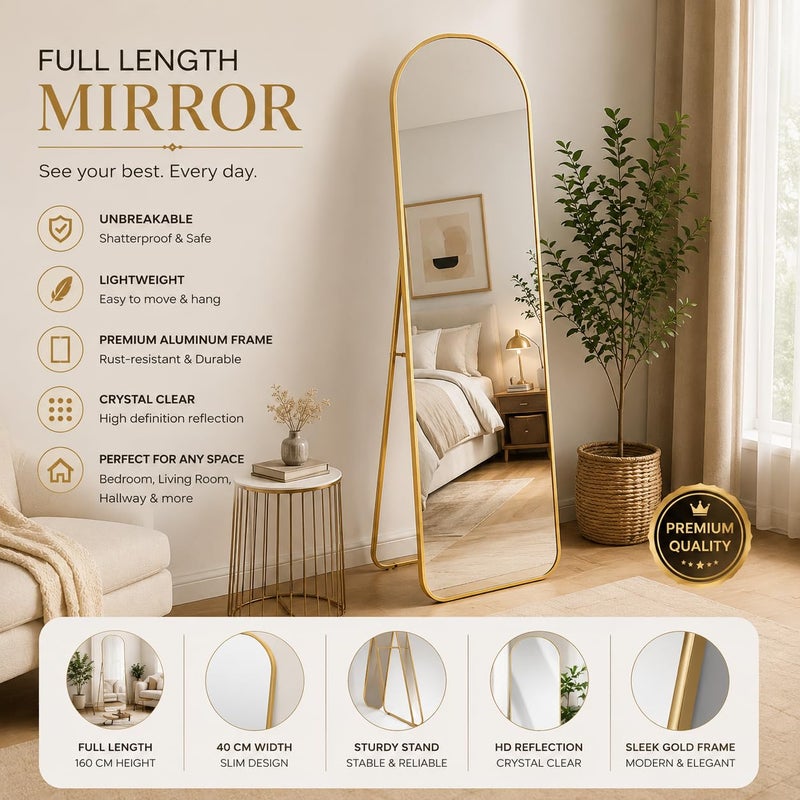Unbreakable Full Length Mirror 160 x 40 cm, Gold Aluminum Alloy Frame, HD Shatterproof Floor Mirror, Freestanding, Leaning or Wall Mounted, Full Body Mirror (Gold Frame Arched Top - 160H x 40W) - Image 4