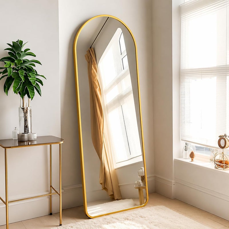 Unbreakable Full Length Mirror 160 x 40 cm, Gold Aluminum Alloy Frame, HD Shatterproof Floor Mirror, Freestanding, Leaning or Wall Mounted, Full Body Mirror (Gold Frame Arched Top - 160H x 40W) - Image 1