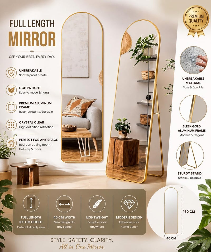 Unbreakable Full Length Mirror 160 x 40 cm, Gold Aluminum Alloy Frame, HD Shatterproof Floor Mirror, Freestanding, Leaning or Wall Mounted, Full Body Mirror (Gold Frame Arched Top - 160H x 40W) - Image 2