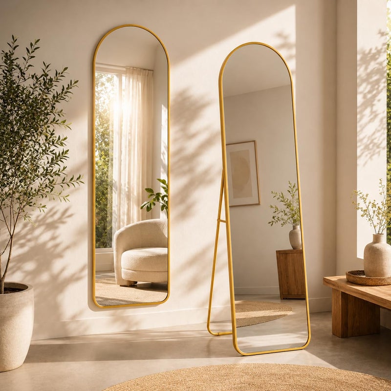 Unbreakable Full Length Mirror 160 x 40 cm, Gold Aluminum Alloy Frame, HD Shatterproof Floor Mirror, Freestanding, Leaning or Wall Mounted, Full Body Mirror (Gold Frame Arched Top - 160H x 40W) - Image 3