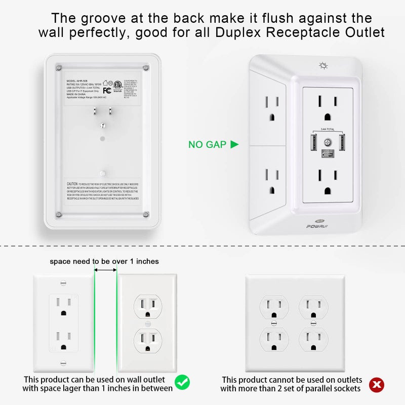 POWRUI Multi Plug 6 Outlet Surge Protector Extender with 3 USB Ports (1 USB C) and Night Light, 3-Sided Power Strip with Adapter Spaced Outlets, ETL Listed, White - Image 3