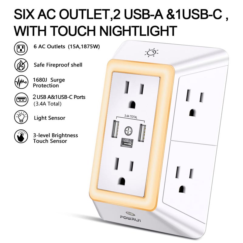 POWRUI Multi Plug 6 Outlet Surge Protector Extender with 3 USB Ports (1 USB C) and Night Light, 3-Sided Power Strip with Adapter Spaced Outlets, ETL Listed, White - Image 2