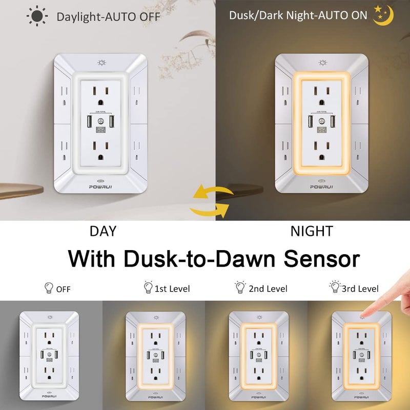 POWRUI Multi Plug 6 Outlet Surge Protector Extender with 3 USB Ports (1 USB C) and Night Light, 3-Sided Power Strip with Adapter Spaced Outlets, ETL Listed, White - Image 4