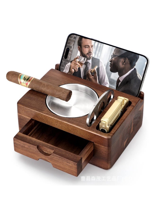 Solid Wood Cigar Ashtray with Phone/Tablet Holder – Multi-Functional Wooden Desktop Tray with Integrated Cigar Cutter, Natural Wood Craft, Suitable for Home, Office and Decorative Use – Solid Wood, Cigar Ashtray, Phone Tablet Stand - Image 1
