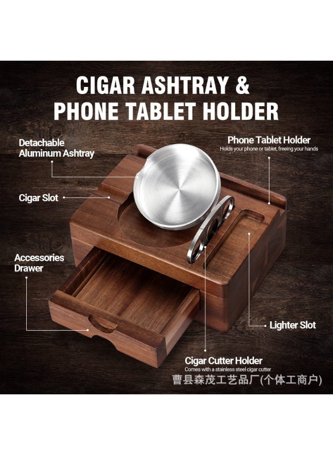 Solid Wood Cigar Ashtray with Phone/Tablet Holder – Multi-Functional Wooden Desktop Tray with Integrated Cigar Cutter, Natural Wood Craft, Suitable for Home, Office and Decorative Use – Solid Wood, Cigar Ashtray, Phone Tablet Stand - Image 2