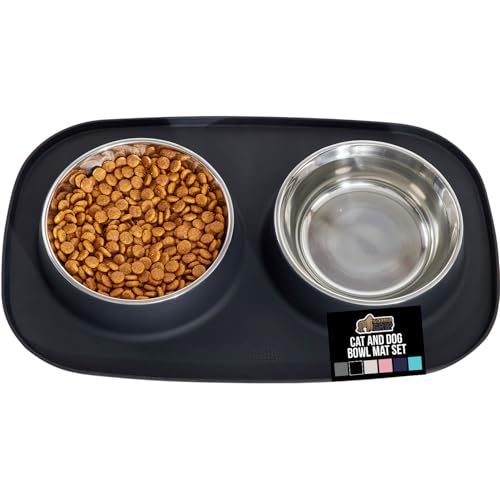 GORILLA GRIP Feeding Mat Bowl Set 100 Waterproof BPA Free Silicone Base 304 Stainless Steel Cat and Dog Bowls for Food and Water Slip Resistant High Edge US Designed Patent Pending 2 Cup Black - Image 1