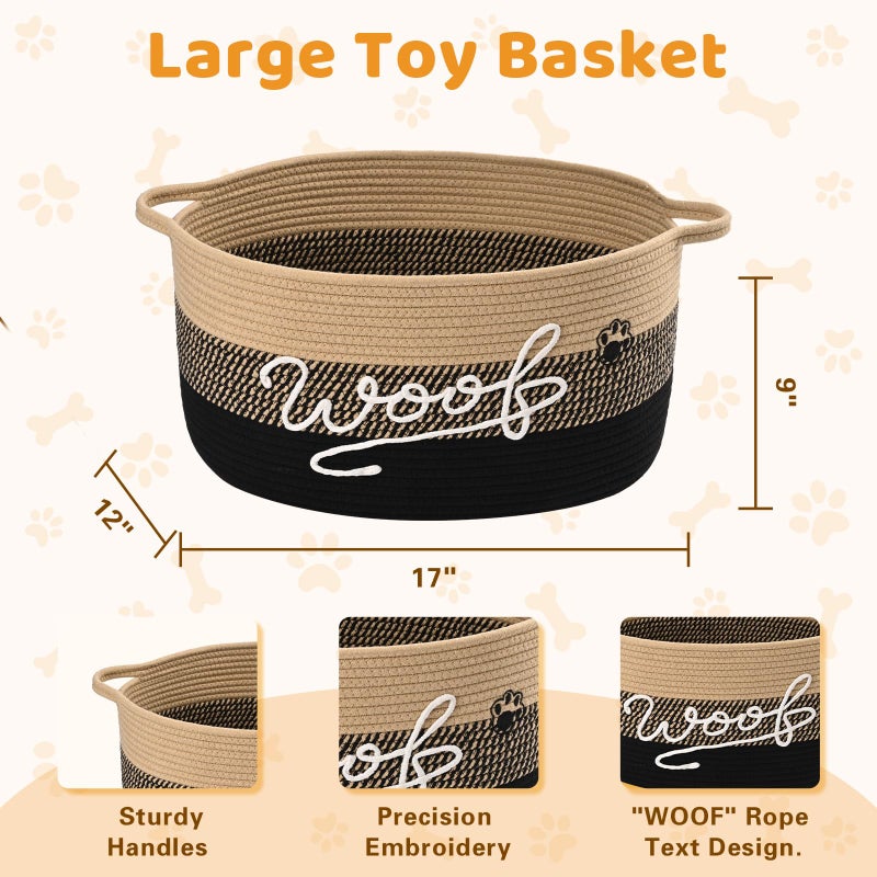 Degeyoyo Woof Dog Toy Basket with Handles, Large Dog Toy Storage Bin with Paw Print, Woven Dog Basket for Blankets, Toys, Chews, Pet Toy Box for Nursery, Living Room, Bedroom, 17â€x12â€x9, Black - Image 4