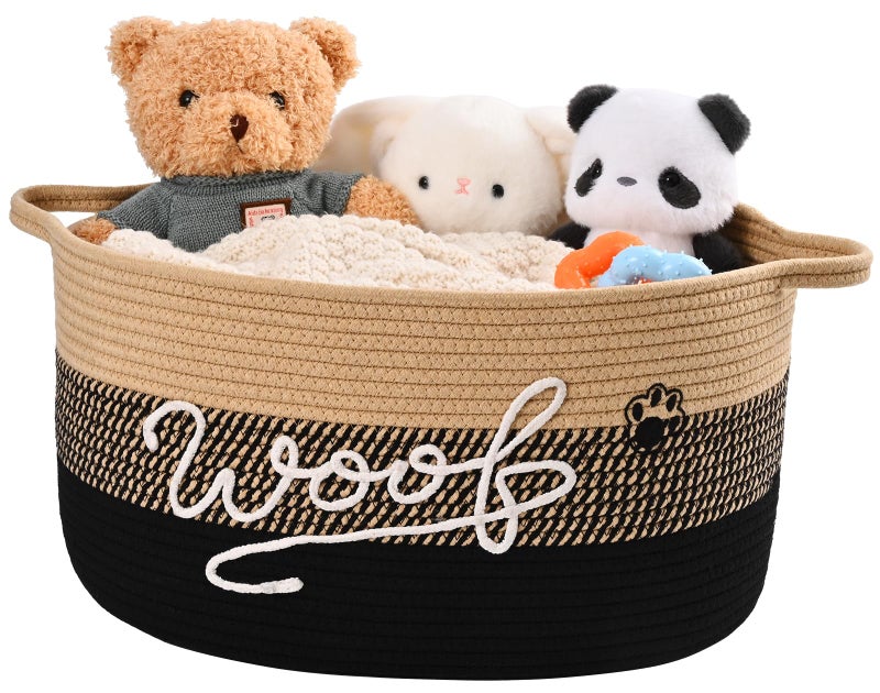 Degeyoyo Woof Dog Toy Basket with Handles, Large Dog Toy Storage Bin with Paw Print, Woven Dog Basket for Blankets, Toys, Chews, Pet Toy Box for Nursery, Living Room, Bedroom, 17â€x12â€x9, Black - Image 1