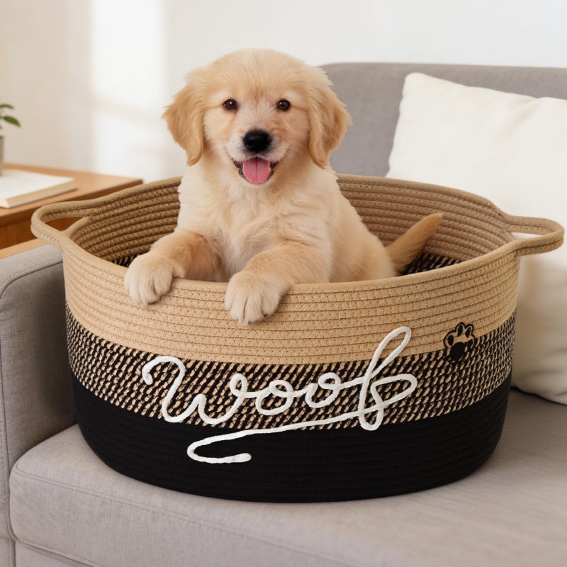 Degeyoyo Woof Dog Toy Basket with Handles, Large Dog Toy Storage Bin with Paw Print, Woven Dog Basket for Blankets, Toys, Chews, Pet Toy Box for Nursery, Living Room, Bedroom, 17â€x12â€x9, Black - Image 5