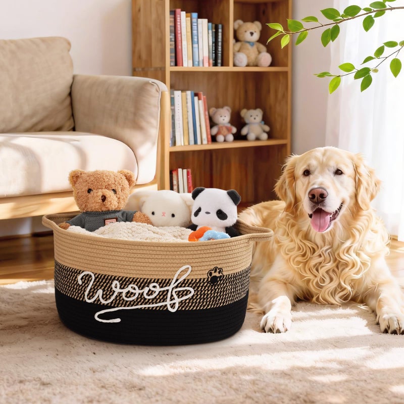 Degeyoyo Woof Dog Toy Basket with Handles, Large Dog Toy Storage Bin with Paw Print, Woven Dog Basket for Blankets, Toys, Chews, Pet Toy Box for Nursery, Living Room, Bedroom, 17â€x12â€x9, Black - Image 2