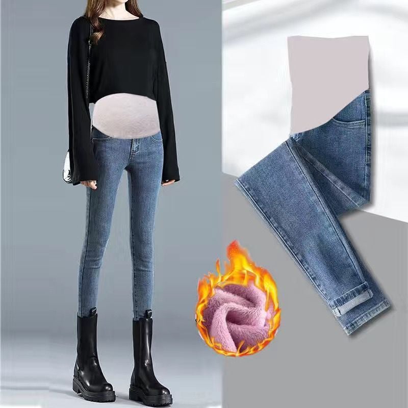 Pregnant womens fleece-lined thickened pants autumn outer wear trousers spring and autumn fashionable mom jeans autumn and winter Daddy leggings autumn clothing Blue jeans  - Image 3