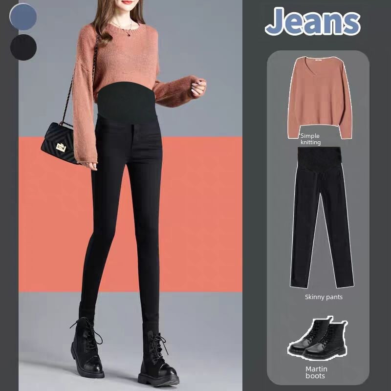 Pregnant womens fleece-lined thickened pants autumn outer wear trousers spring and autumn fashionable mom jeans autumn and winter Daddy leggings autumn clothing Blue jeans  - Image 5