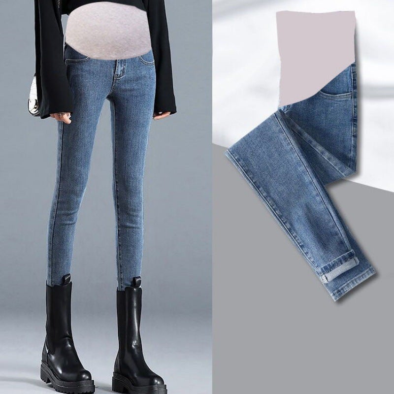 Pregnant womens fleece-lined thickened pants autumn outer wear trousers spring and autumn fashionable mom jeans autumn and winter Daddy leggings autumn clothing Blue jeans  - Image 4