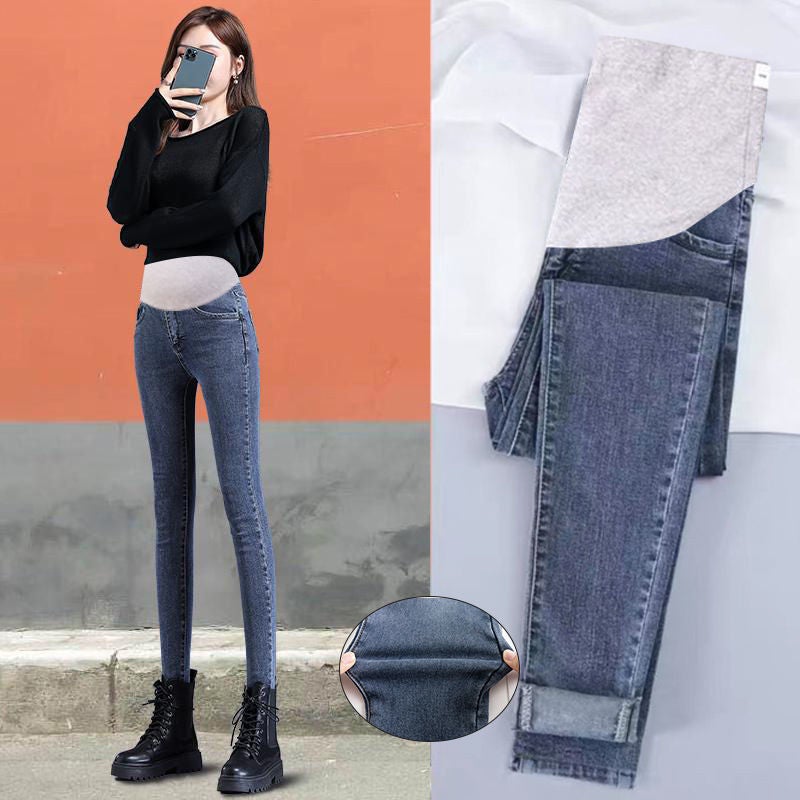 Pregnant womens fleece-lined thickened pants autumn outer wear trousers spring and autumn fashionable mom jeans autumn and winter Daddy leggings autumn clothing Blue jeans  - Image 1