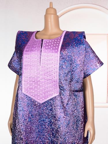 HD African Bubu Dress for Woman Purple Embroidery Pattern Maxi Gown with Headwrap - Image 3