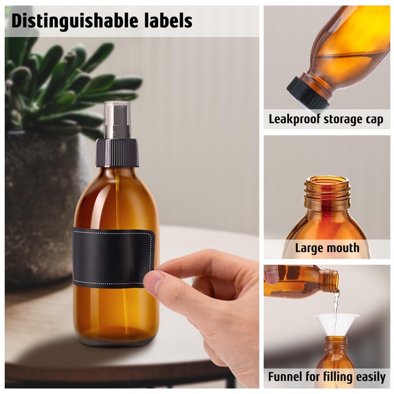 Tecohouse Amber Glass Spray Bottles 8.8 oz, 2 Pack Empty Spray Bottle for Essential Oils, Small Glass Bottles for Cleaning Solutions, Plants, Hair with Durable Nozzle, Labels, Funnel - Image 5