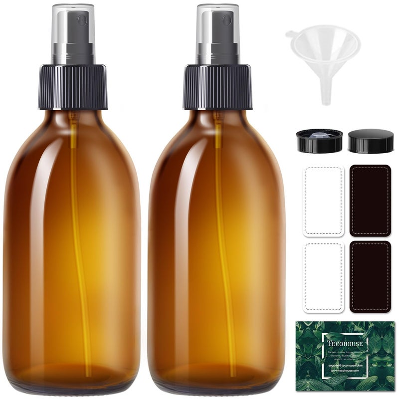 Tecohouse Amber Glass Spray Bottles 8.8 oz, 2 Pack Empty Spray Bottle for Essential Oils, Small Glass Bottles for Cleaning Solutions, Plants, Hair with Durable Nozzle, Labels, Funnel - Image 1