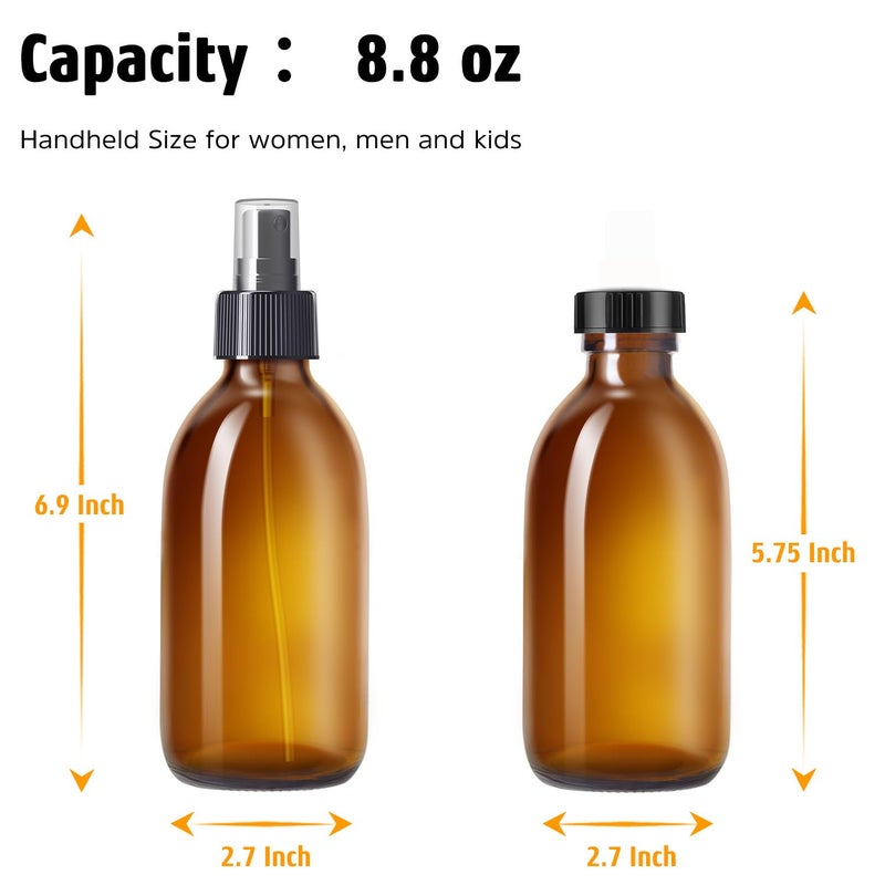Tecohouse Amber Glass Spray Bottles 8.8 oz, 2 Pack Empty Spray Bottle for Essential Oils, Small Glass Bottles for Cleaning Solutions, Plants, Hair with Durable Nozzle, Labels, Funnel - Image 4