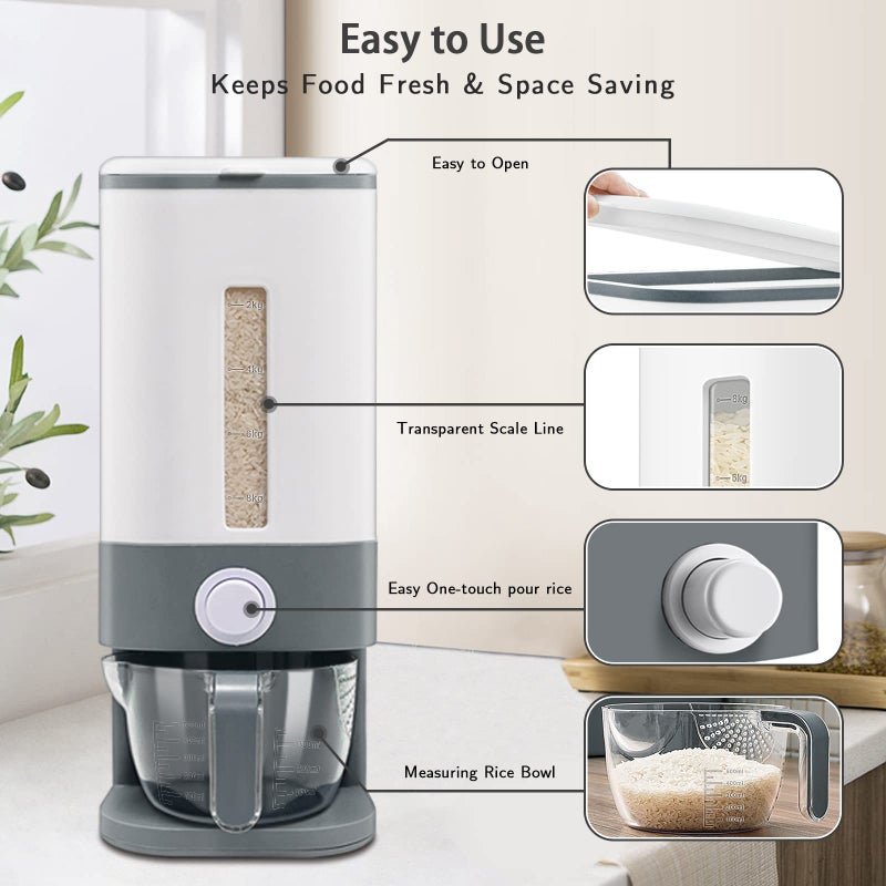 Lenwi موزع أرز Lenwi 25 رطل، حاويات تخزين حبوب كبيرة مع كوب قياس، خالية من BPA، منزلية لتنظيم المطبخ - رمادي - Image 2
