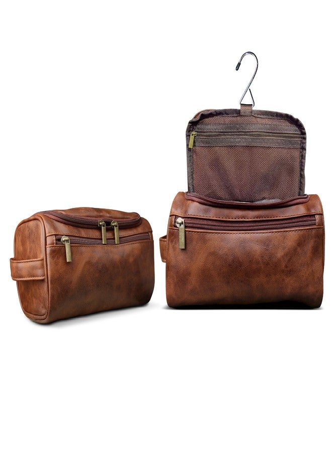 DRAVINA Travel Toiletry Pouch for Men & Women with Mesh & Hook Attachment| 25Cm Water Resistant PU Leather Vanity Case, Toiletry Kit, Travel Shaving Kit, Makeup & Cosmetic Organizer - Classic Brown - Image 1