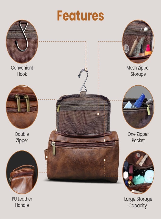 DRAVINA Travel Toiletry Pouch for Men & Women with Mesh & Hook Attachment| 25Cm Water Resistant PU Leather Vanity Case, Toiletry Kit, Travel Shaving Kit, Makeup & Cosmetic Organizer - Classic Brown - Image 3